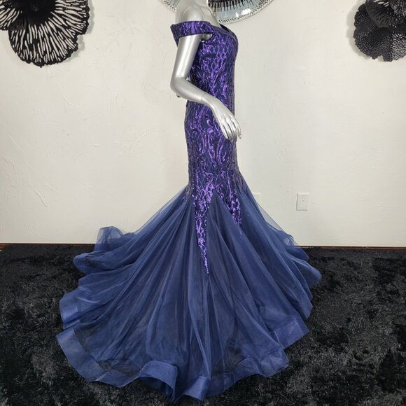 NWT~$695~AVA PRESLEY~8/10~NAVY PURPLE SEQUIN MERMAID PROM PAGEANT FORMAL DRESS - Picture 7 of 16